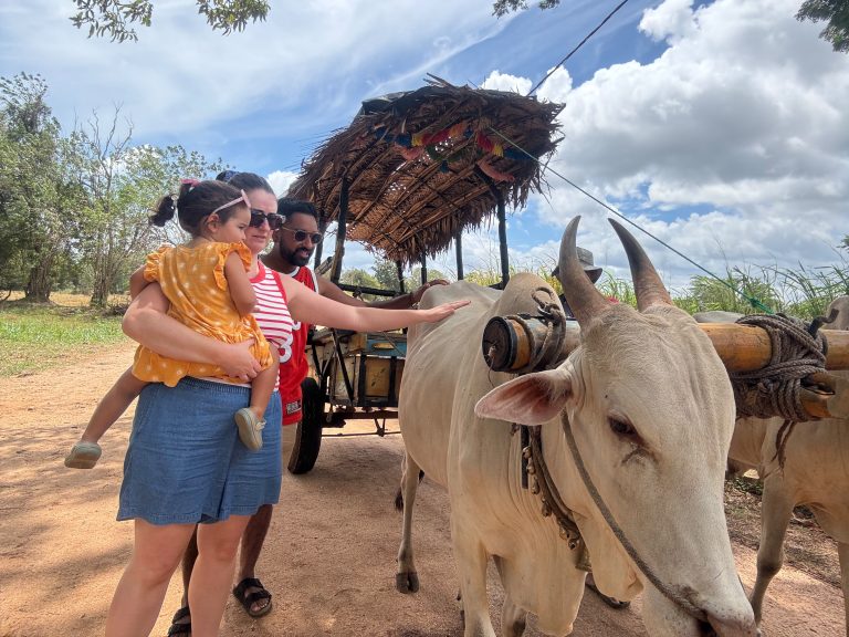 Family experiencing a traditional bullock cart ride in Sri Lanka with Olanka Tours